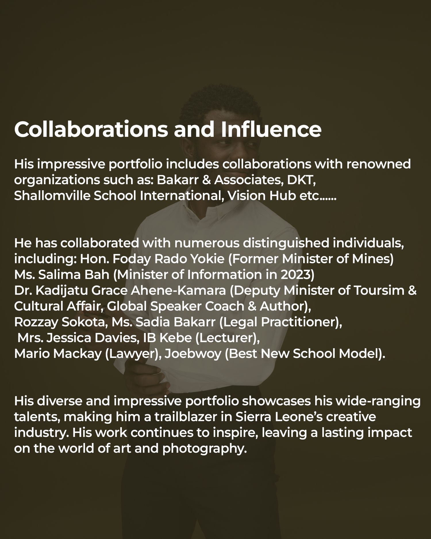 Dark-toned text slide describing collaborations and influence in art industry, highlighting professional achievements and partnerships.