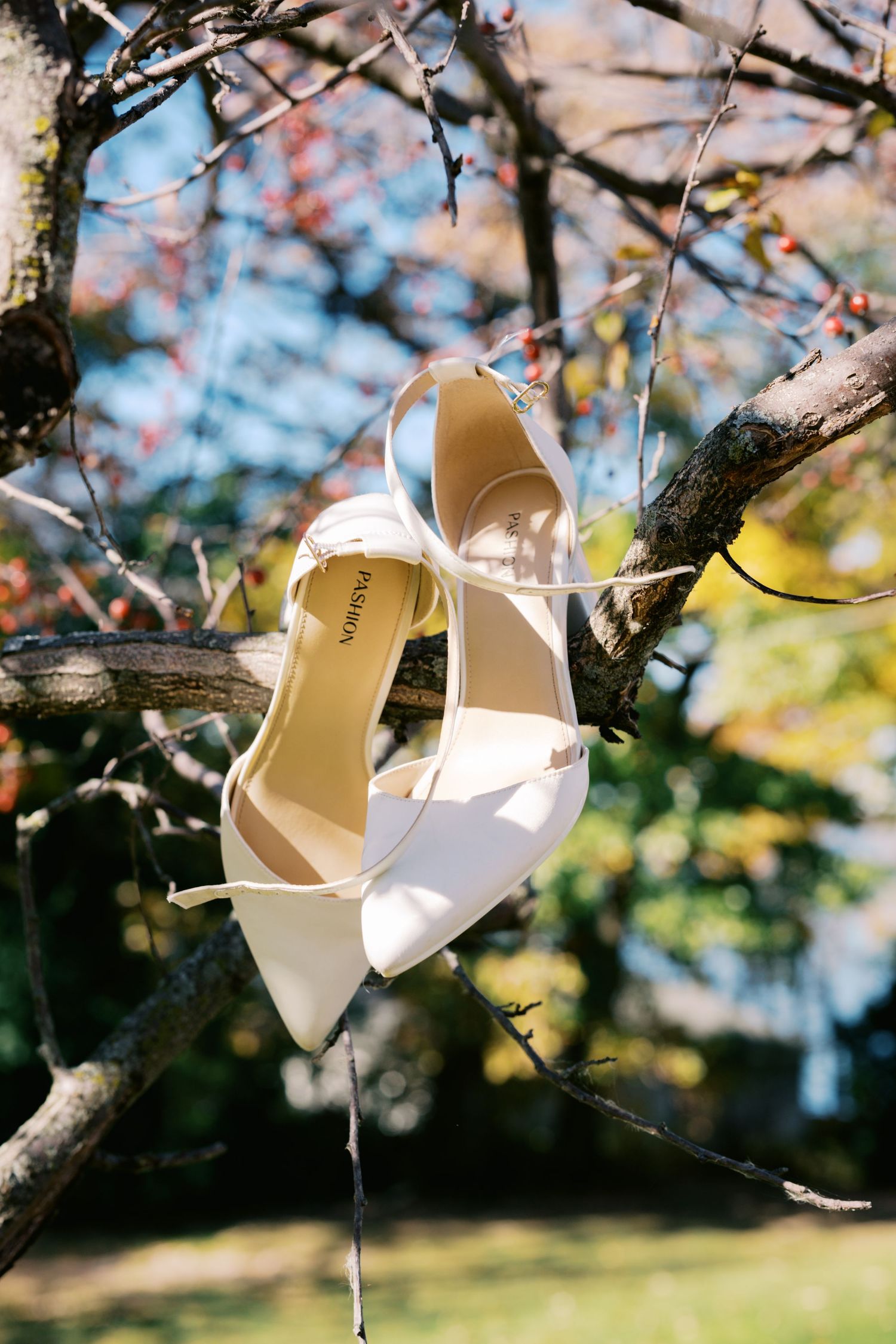 White bridal heels artistically displayed hanging on tree branches with autumn foliage in the background.