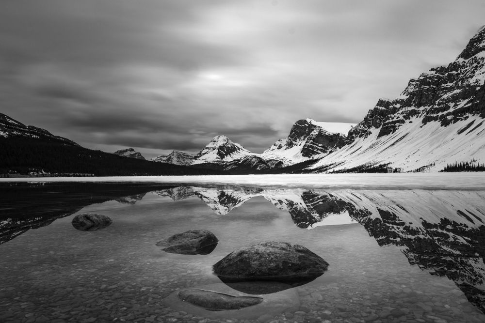 Bow Lake, Monochrome, Black and White Mountain Scene in the Canadian Rockies, Wilbert Arends Photography, Canmore, Alberta, Canada