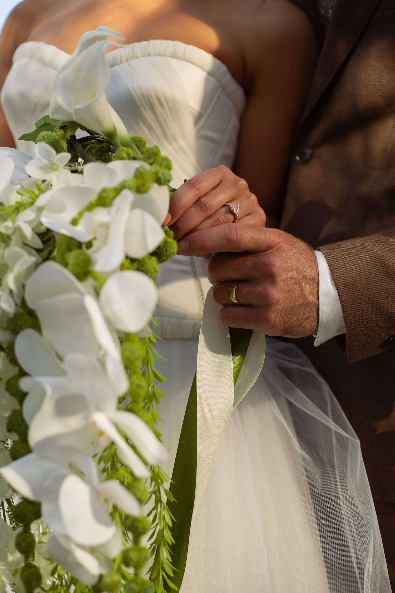A close-up of wedding attire showing white floral bouquet details and hands with wedding rings.