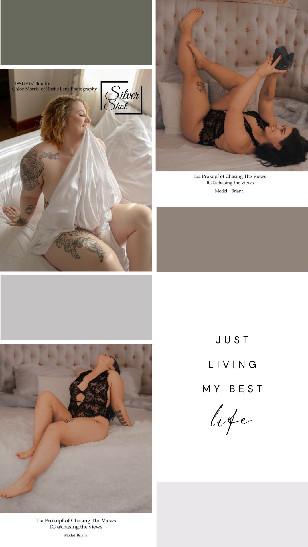 Artistic boudoir photography collage featuring intimate poses on tufted furniture with motivational text overlay.
