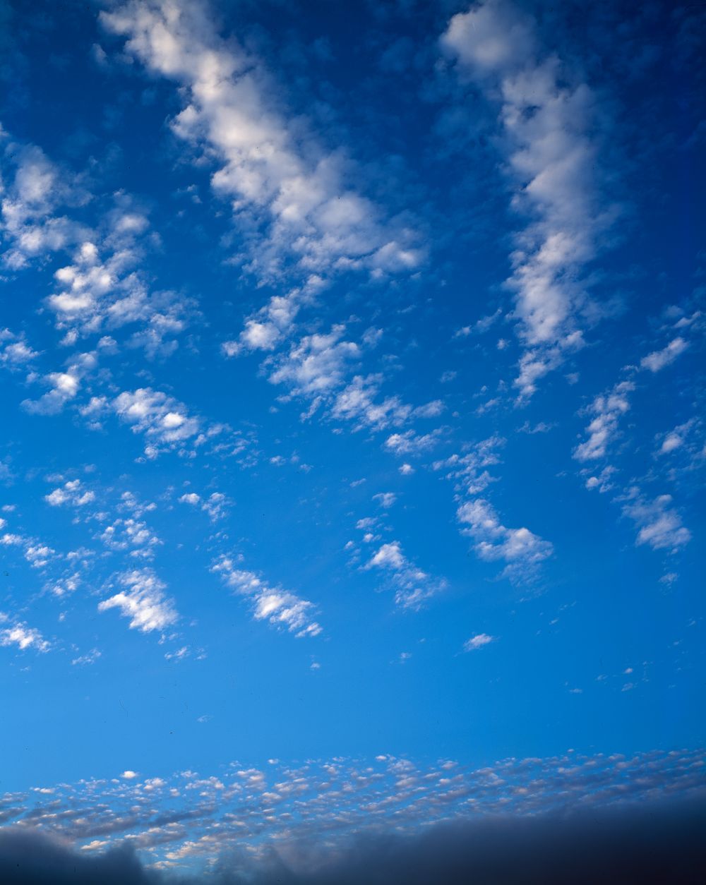 Wispy white clouds scattered across a vibrant blue sky create a serene natural pattern.