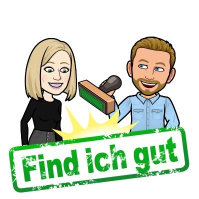 Cartoon-Illustration von zwei Charakteren mit Find ich gut grünem Stempeltext.