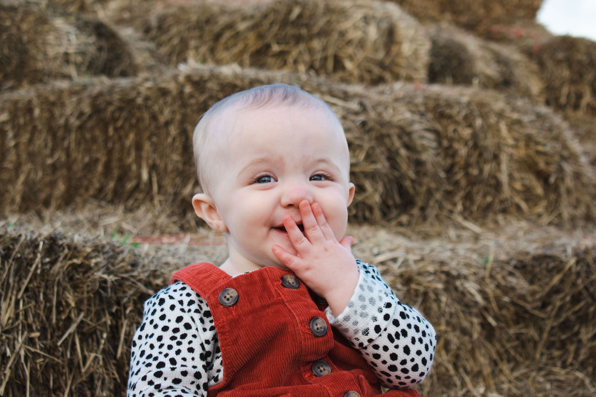 A small child in a red corduroy jumper and polka dot shirt giggles while sitting in front of hay bales.