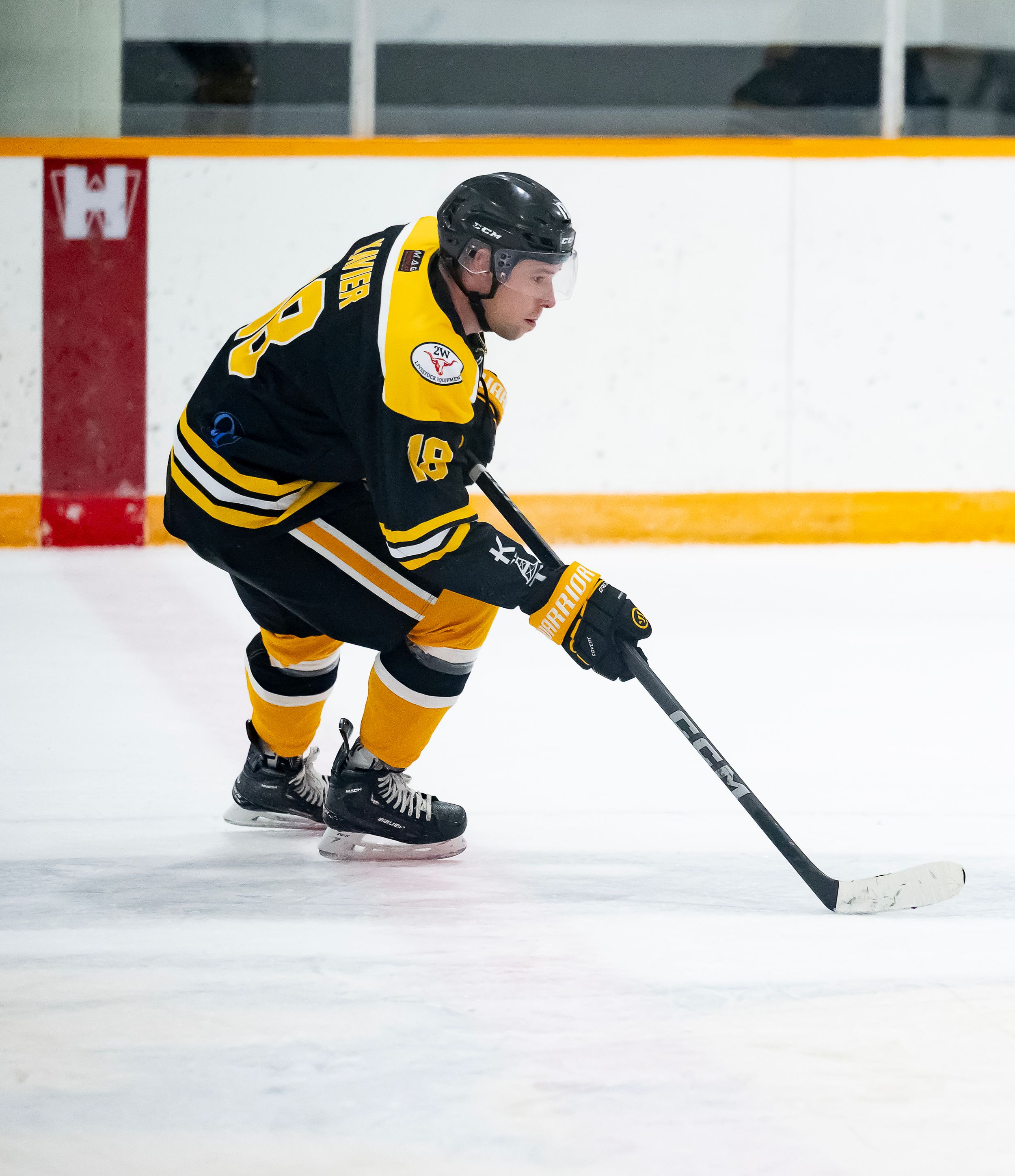 Hockey player in black and yellow uniform crouches low on ice while handling puck during game.