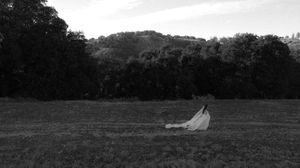 A black and white panoramic landscape shows a series of rolling hills and trees stretching across the horizon.
