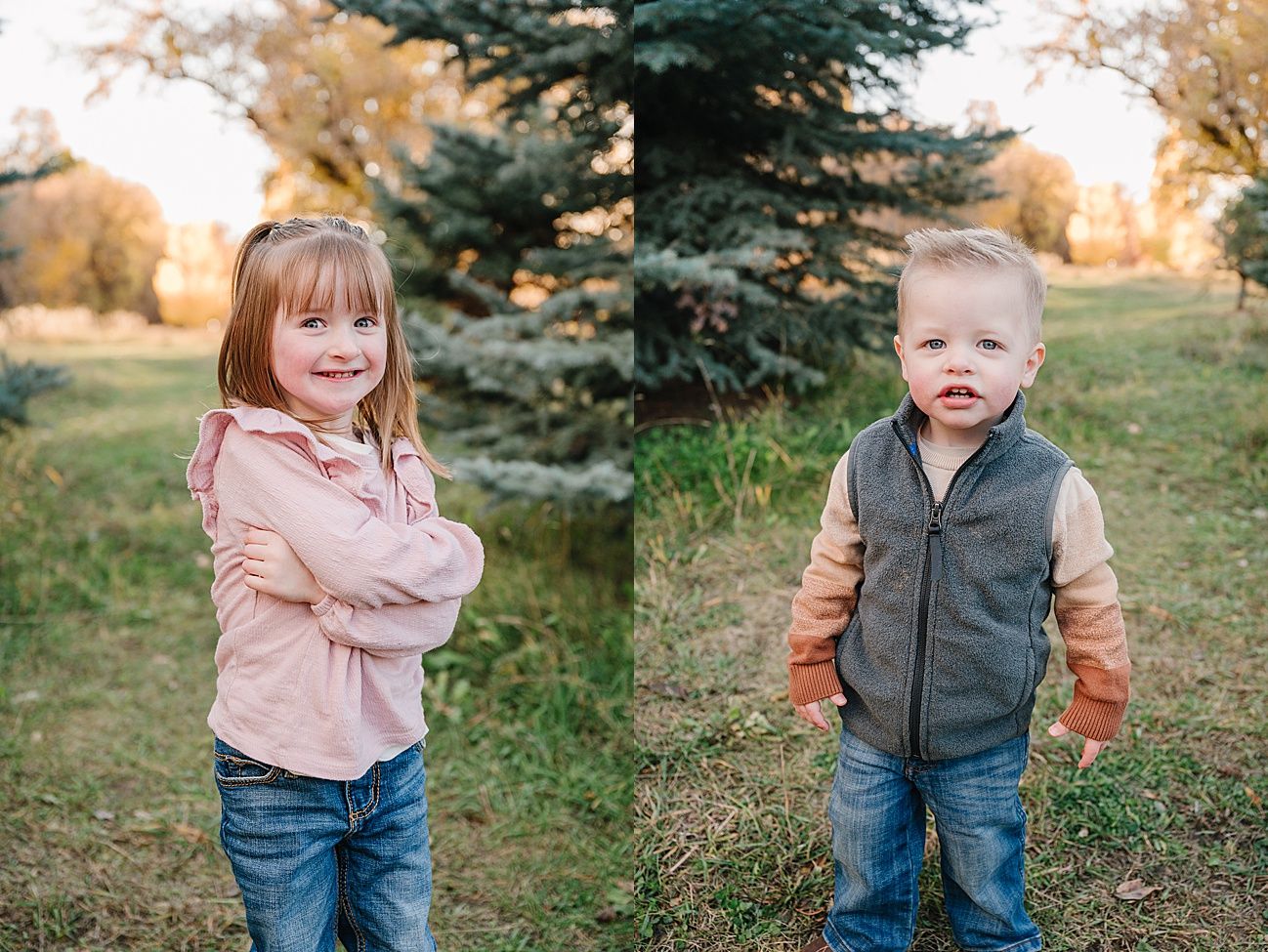 Children playing and posing during autumn family photo session near evergreen trees.
