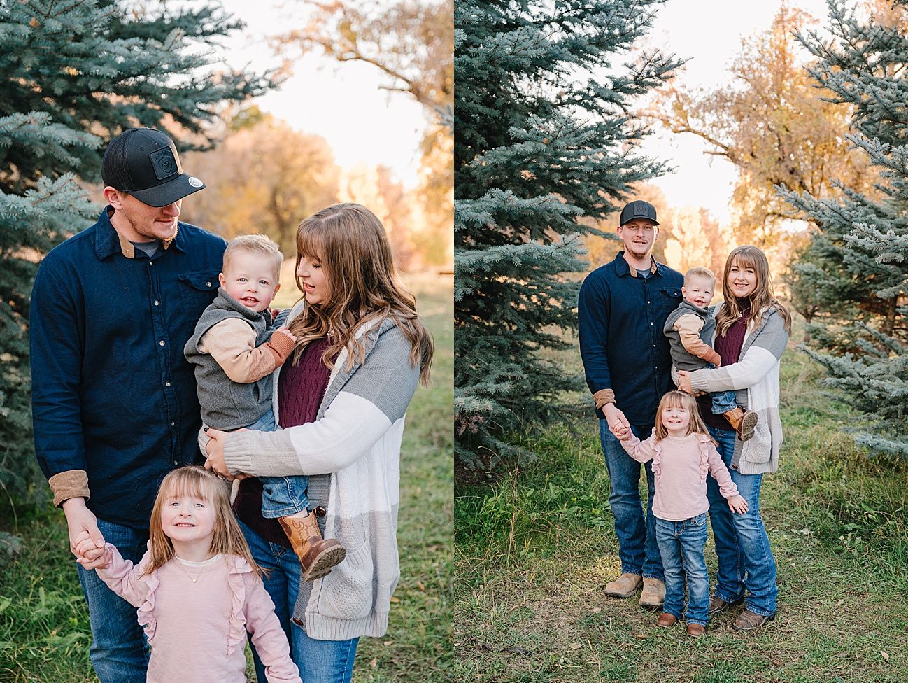 Family photo session with parents and children playing together near evergreen trees at sunset.