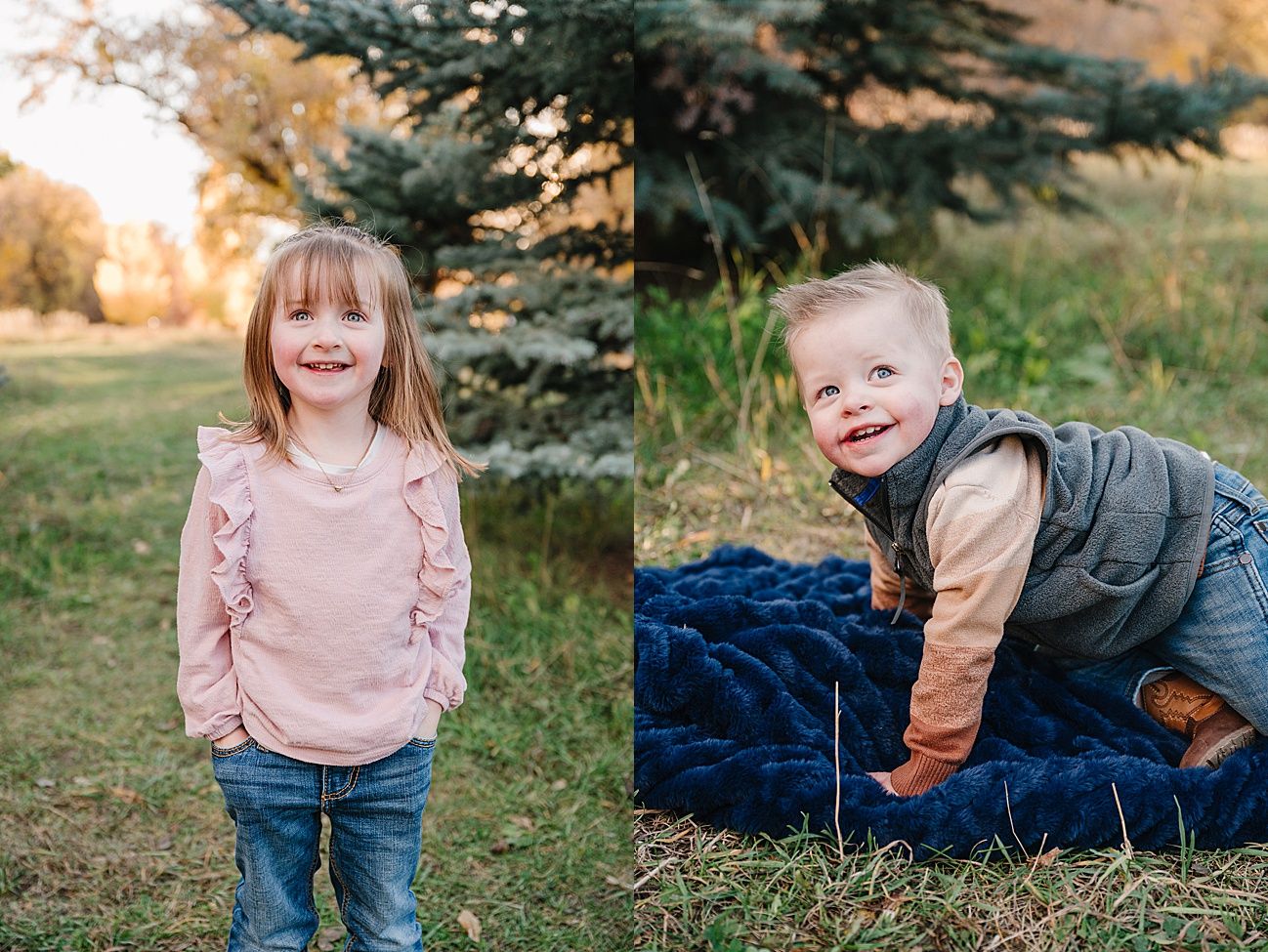 A series of outdoor family portraits showing playful moments in casual clothing against a natural backdrop during golden hour.