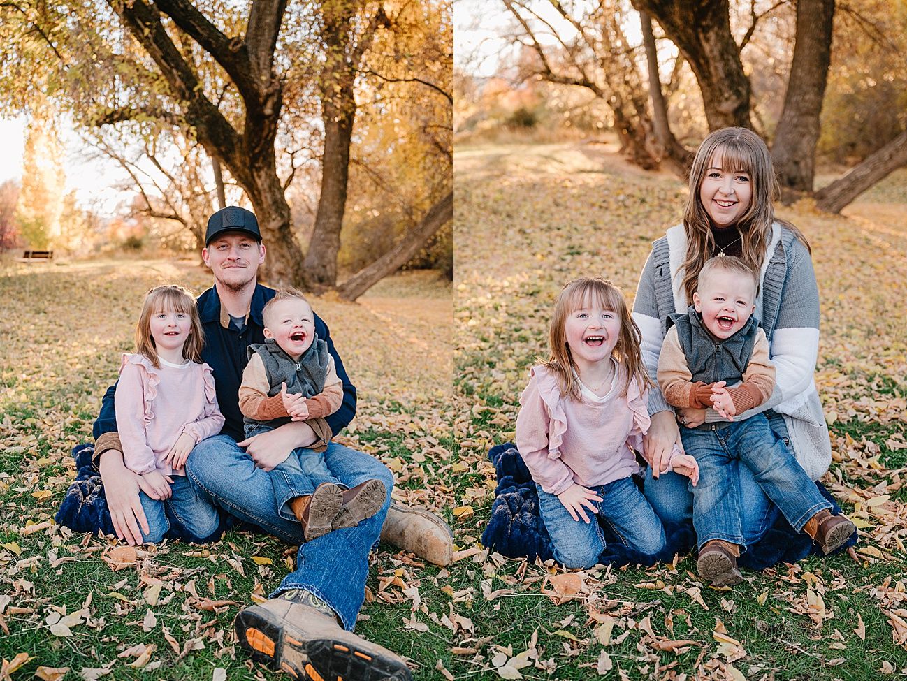A family sits together on fallen autumn leaves in a wooded area during a golden sunset photo session.