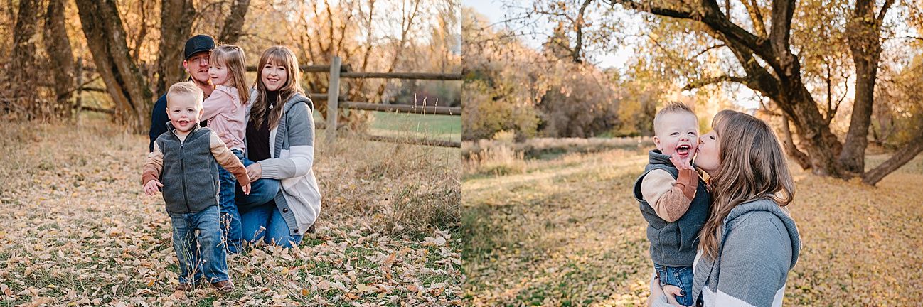 A family enjoys a warm autumn day outdoors in a park with golden foliage and natural lighting.