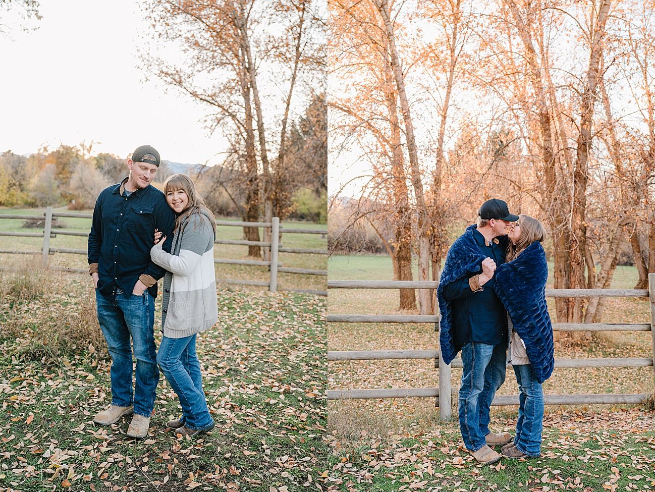 Couple in casual attire sharing tender moments during an autumn photoshoot in a park setting.
