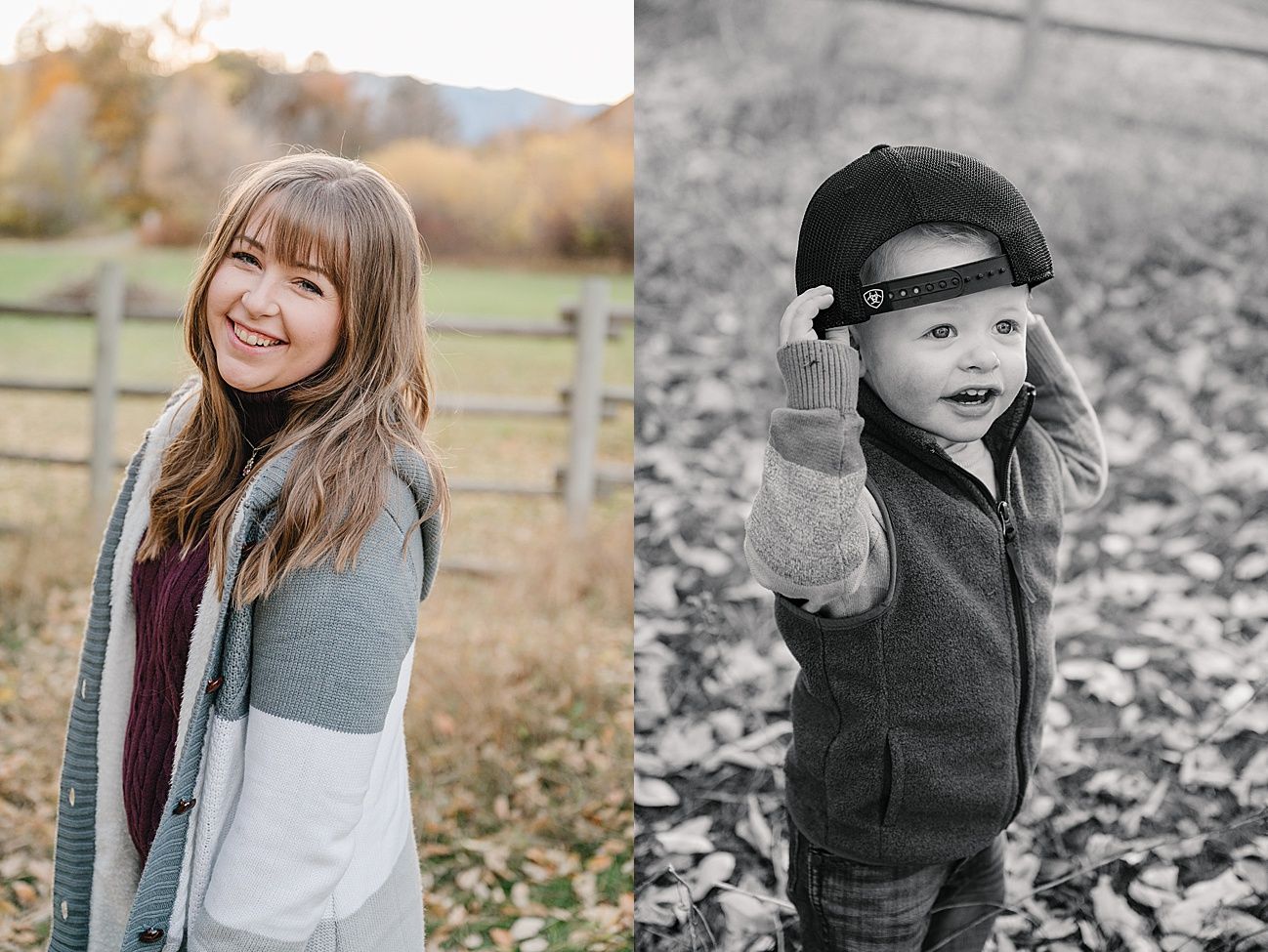 A collection of outdoor portrait photographs showing a person in casual winter attire against natural backgrounds.