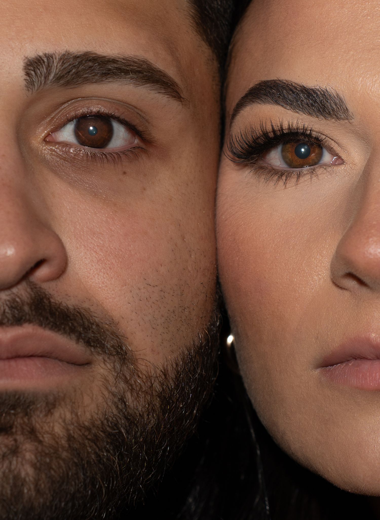 Close-up photo showing cropped facial features of people with beards and makeup in alternating pattern.
