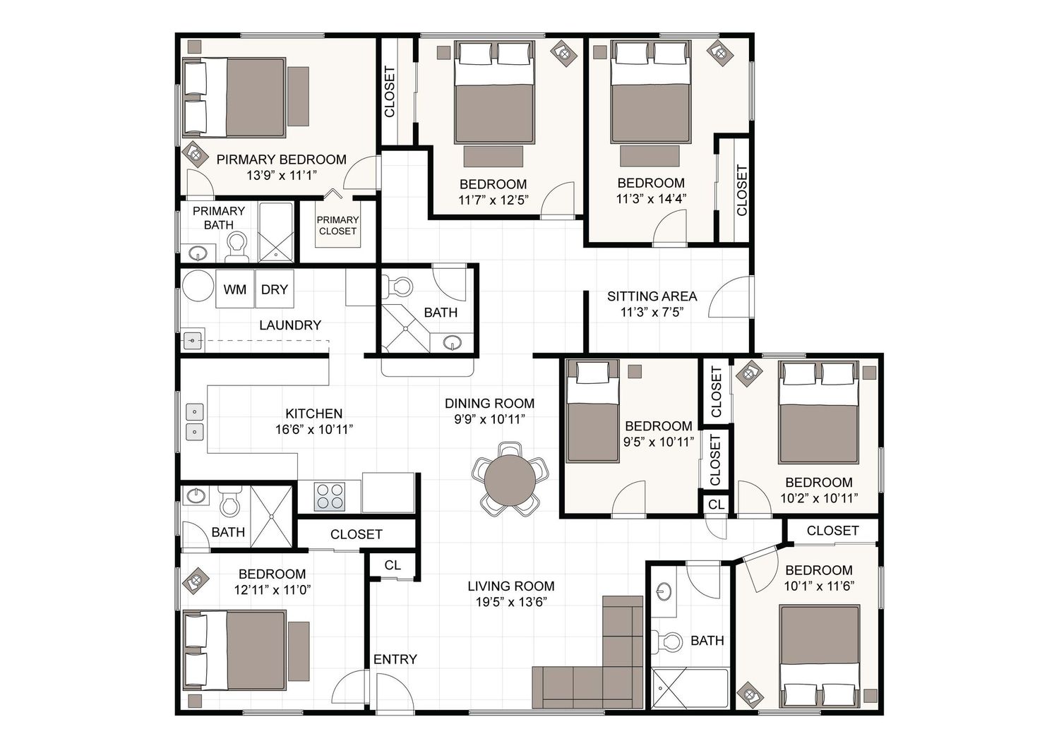 Architectural floor plans showing multiple room layouts with furniture placement for a residential property design.