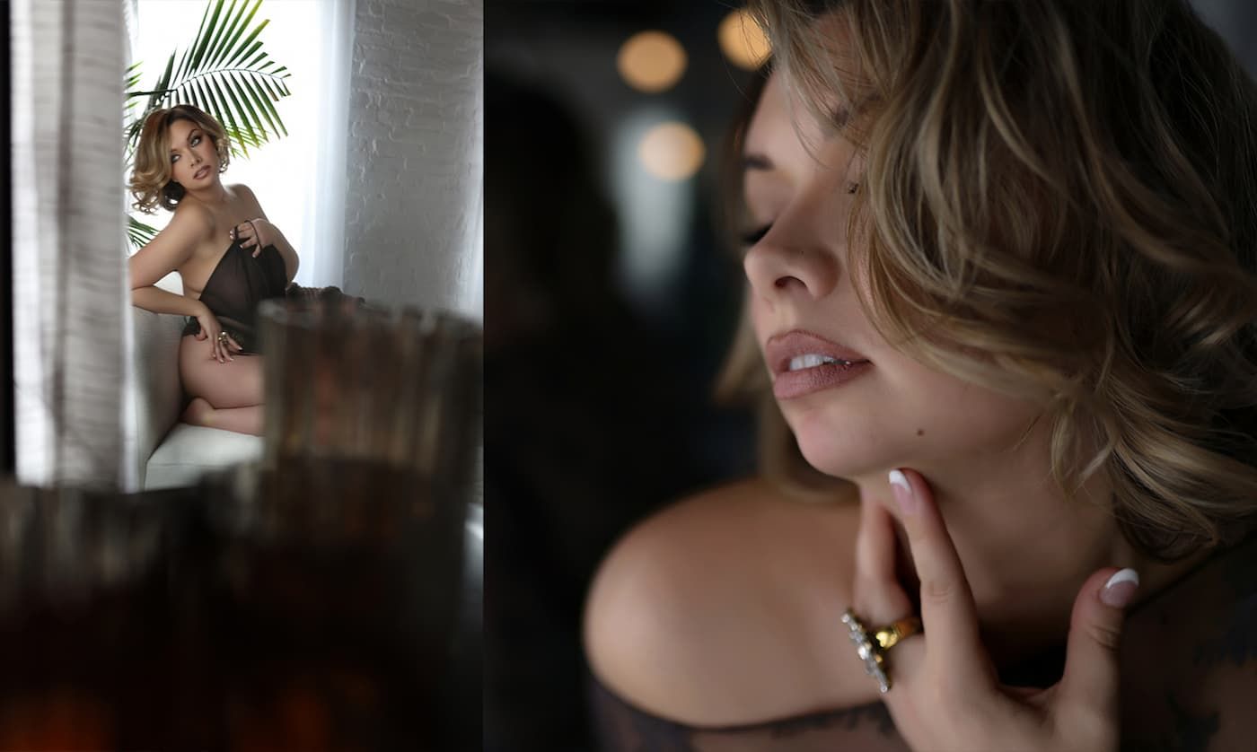 Soft natural light illuminates a moody boudoir portrait with romantic shadows and a palm frond in the window.