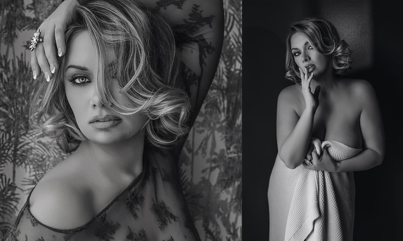 A series of black and white glamour portraits showing vintage-inspired poses against decorative backgrounds.