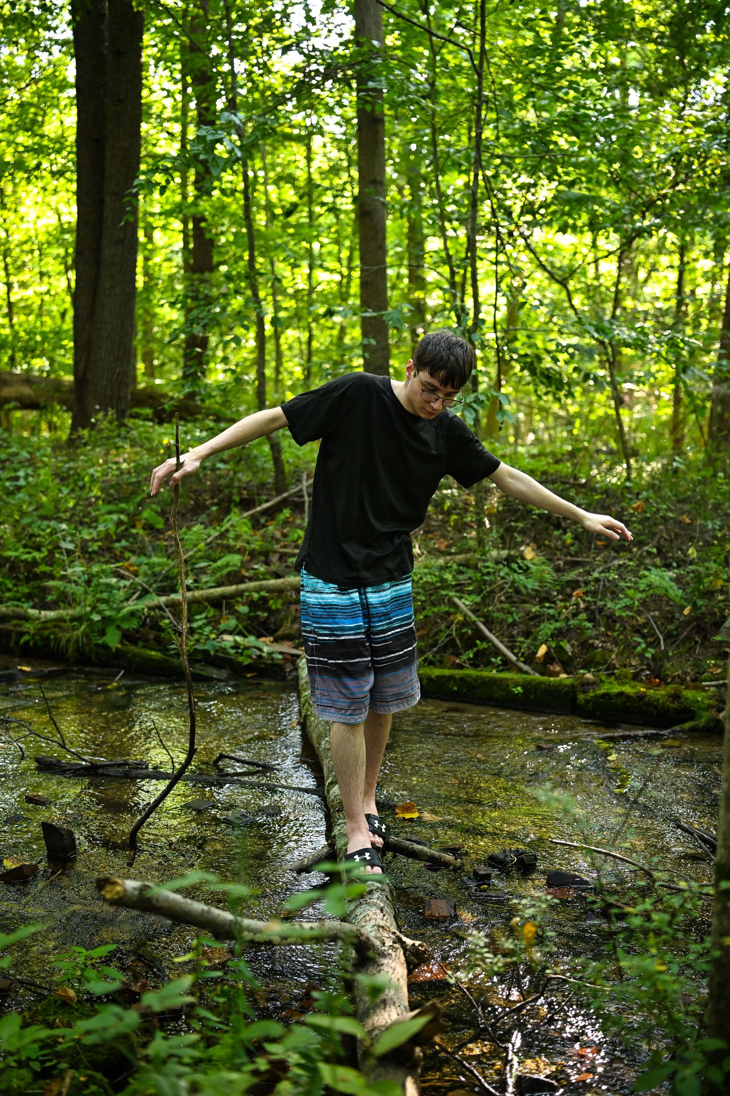 a boy balancing on a log to use it as a bridge across a creek