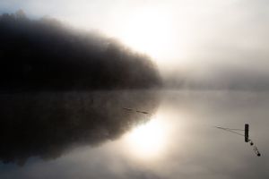 Misty morning lake reflection with fishing pole silhouetted against foggy waters.