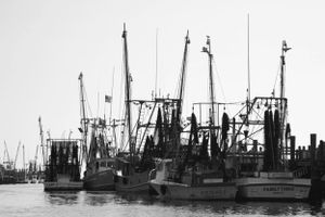 A black and white photograph of fishing boats and trawlers lined up at a harbor dock.