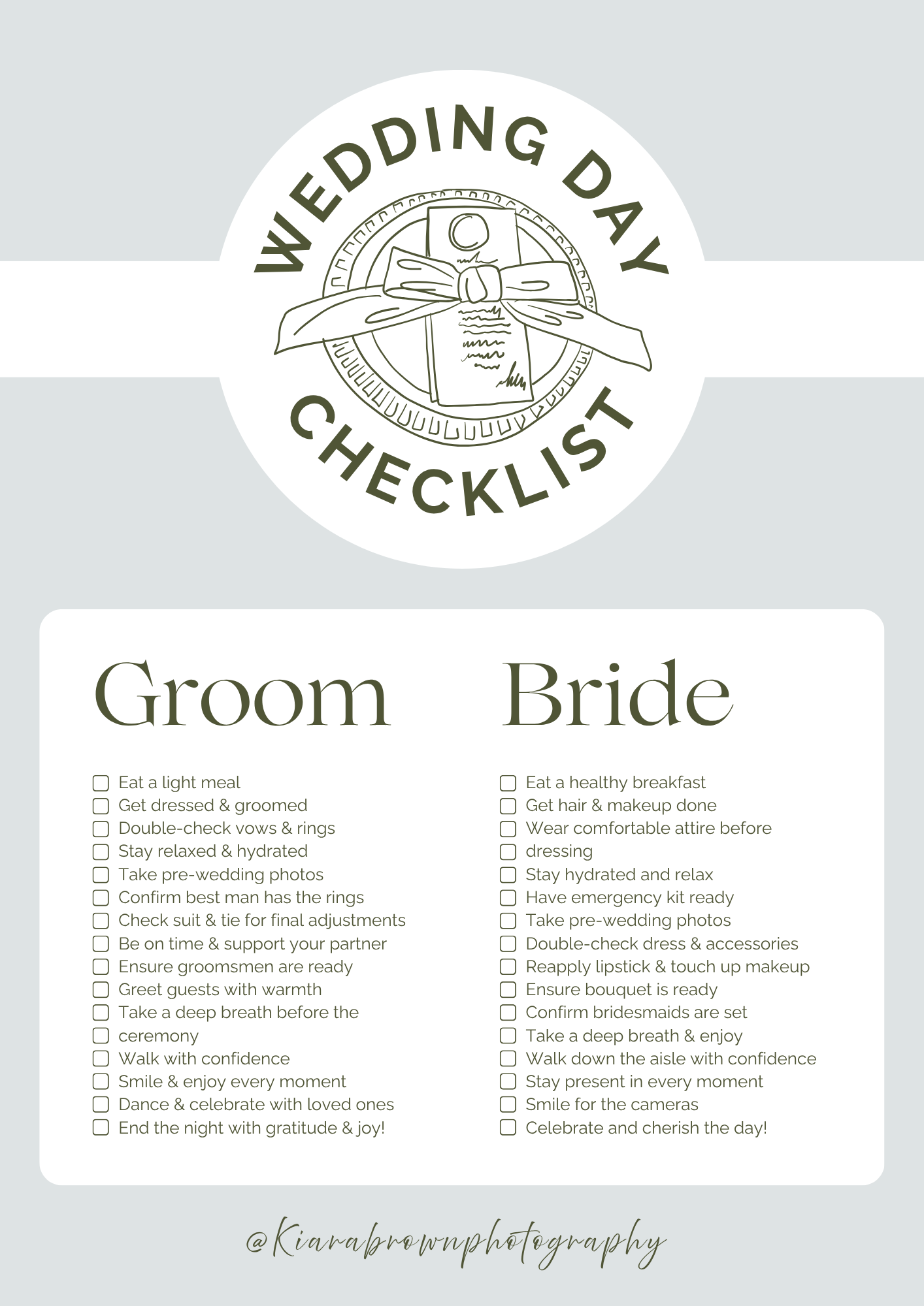 A wedding day checklist graphic in gray showing to-do items for both bride and groom with a circular logo at the top.