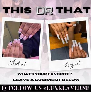 Nail salon advertisement showing short and long acrylic nail sets with pink and white designs.