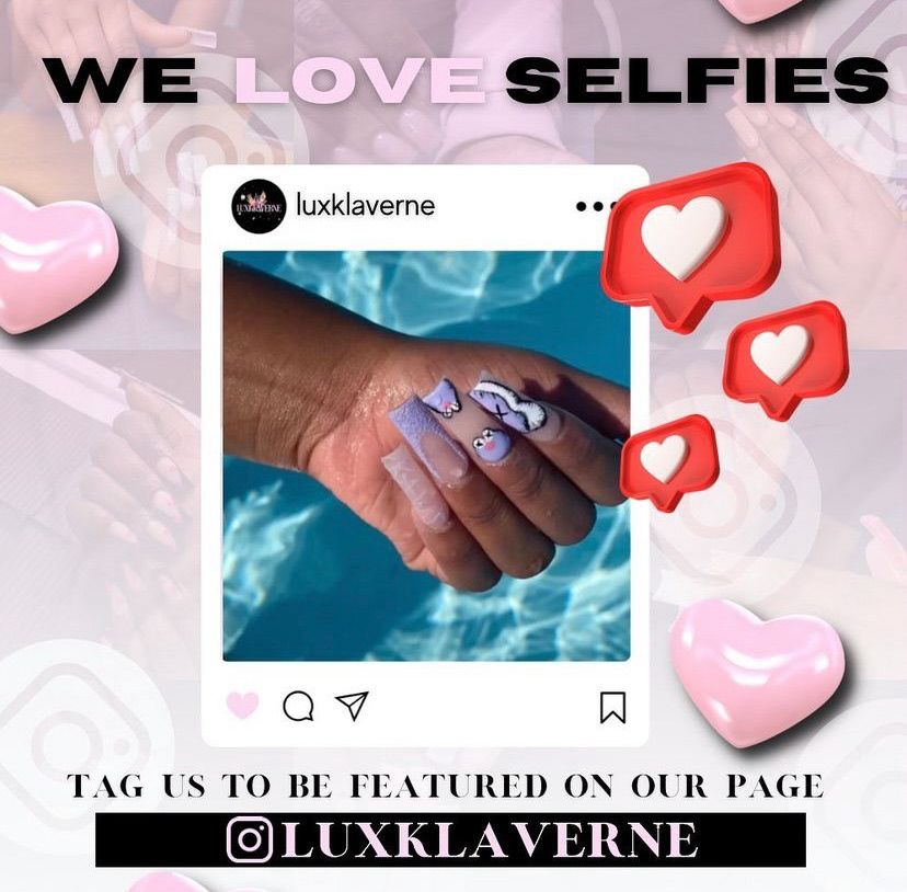 Social media promotion template with hearts and Instagram-style layout for selfie submissions.