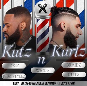 Barbershop service menu showing different haircut styles with red, white and blue background.