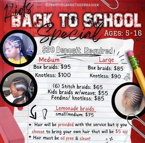 Back to school hair braiding special pricing menu with service details on red background.