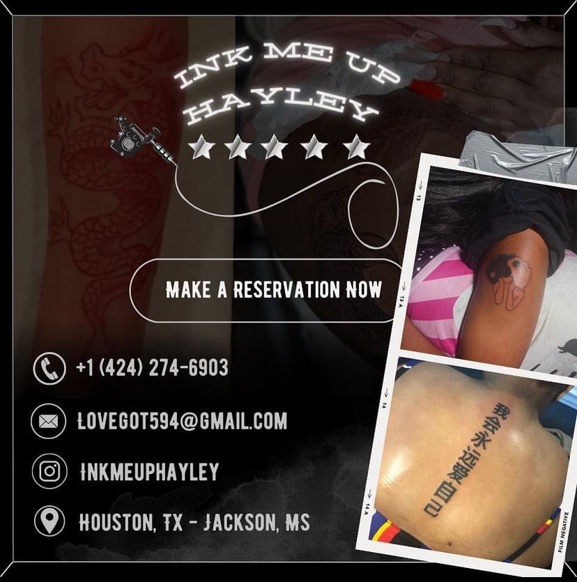 Contact information and social media details for beauty service business on dark background.