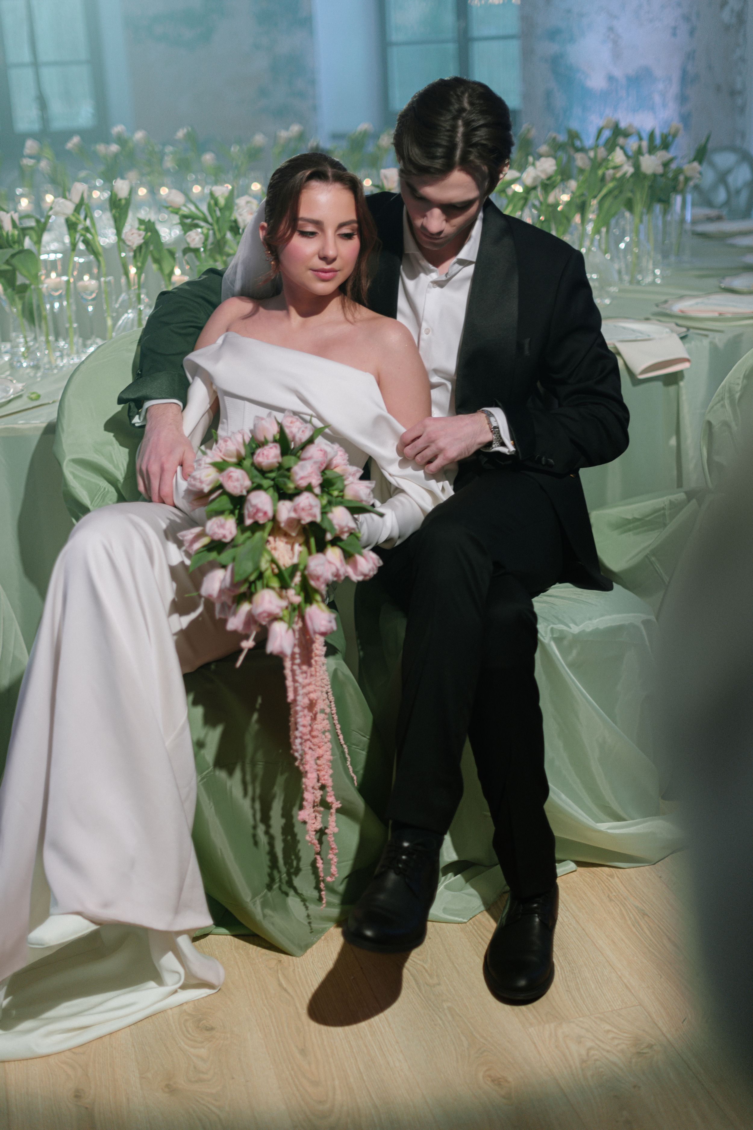 A sequence of wedding photos showing a couple dancing, with the bride in a white dress and holding a pink floral bouquet.