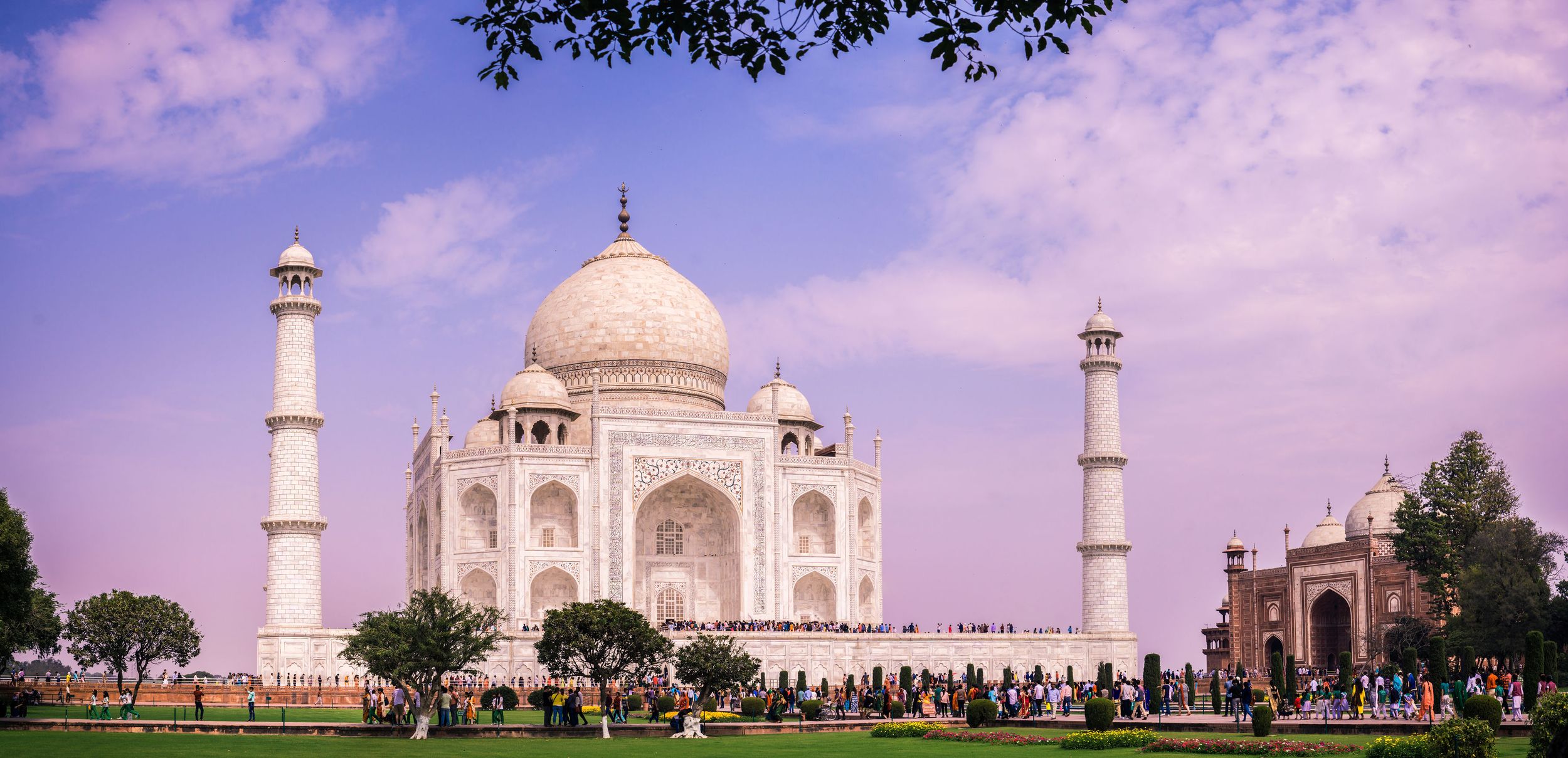 The iconic Taj Mahal glows against a purple sky with manicured lawns and minarets in Agra, India.