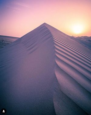 Sand dune ridge with rippled texture against a pink and purple sunset sky in a desert landscape during golden hour.