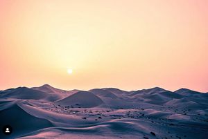 Sun setting over rolling sand dunes in the desert creating a pink and orange sky at twilight.