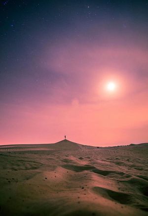 A stunning desert sunset creates a pink and purple gradient sky over rolling sand dunes in a barren landscape.