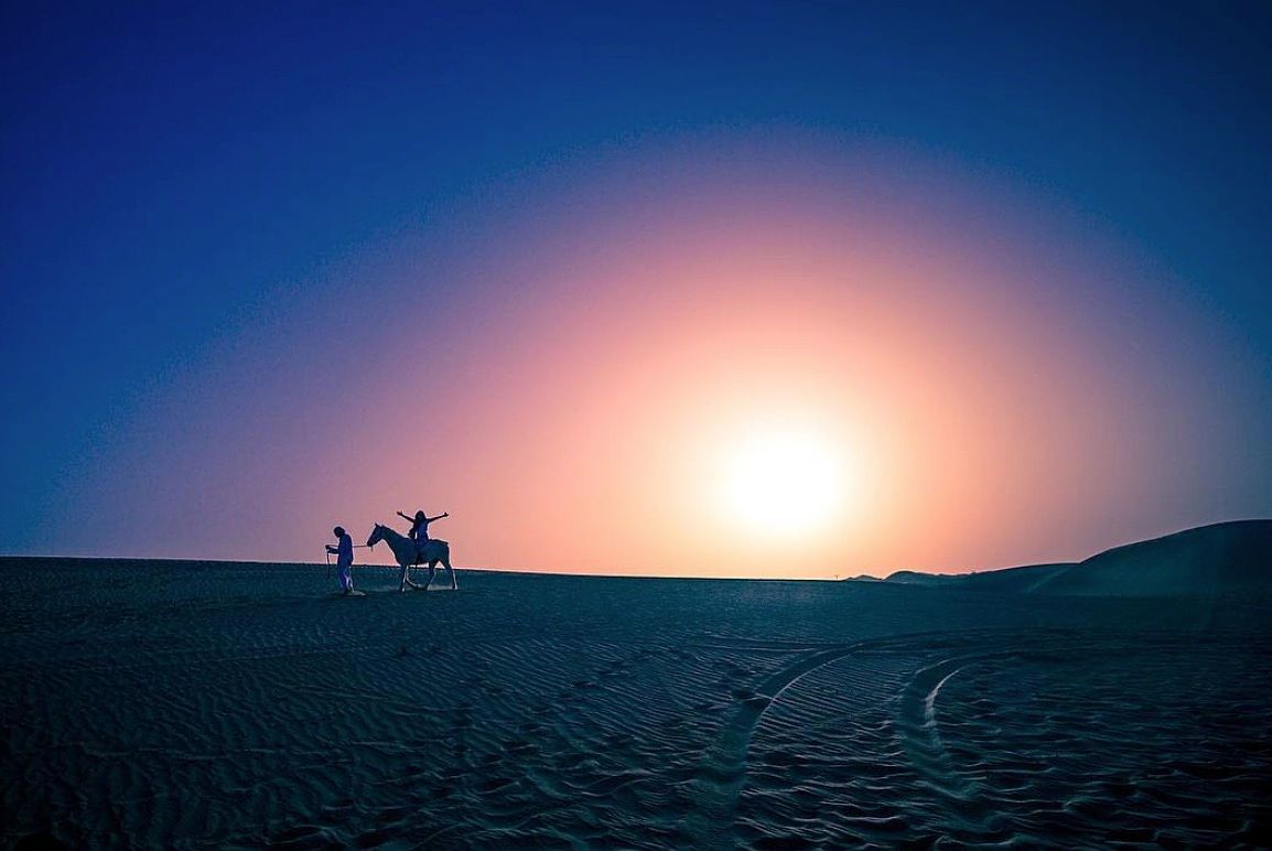 Silhouette of camels crossing desert dunes against vibrant sunset sky creating dramatic shadows on sand.
