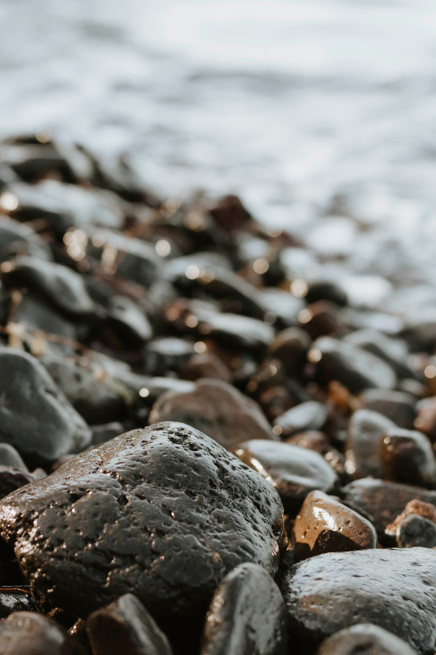 Close-up of wet pebbles and rocks on a beach with shallow depth of field.