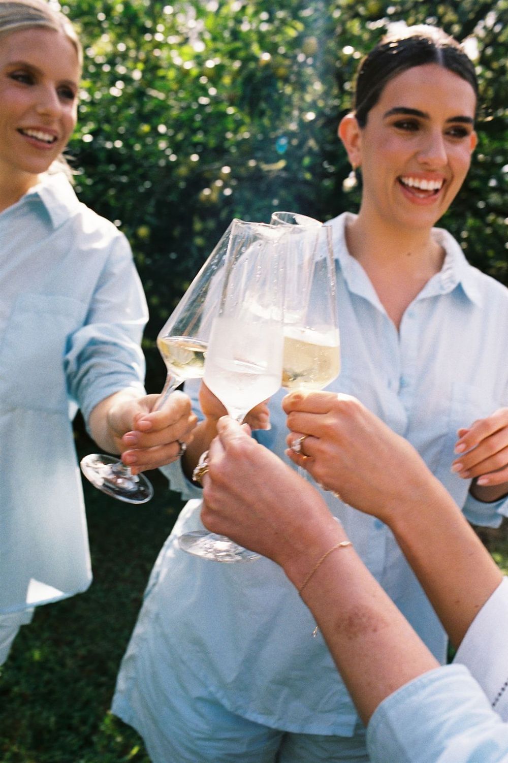 Women in light blue shirts toasting with white wine glasses outdoors in a sunny garden setting.