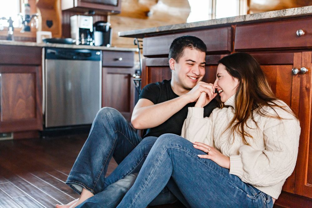 Couple sitting together on couch sharing affectionate moments through multiple candid photos in warm interior setting.
