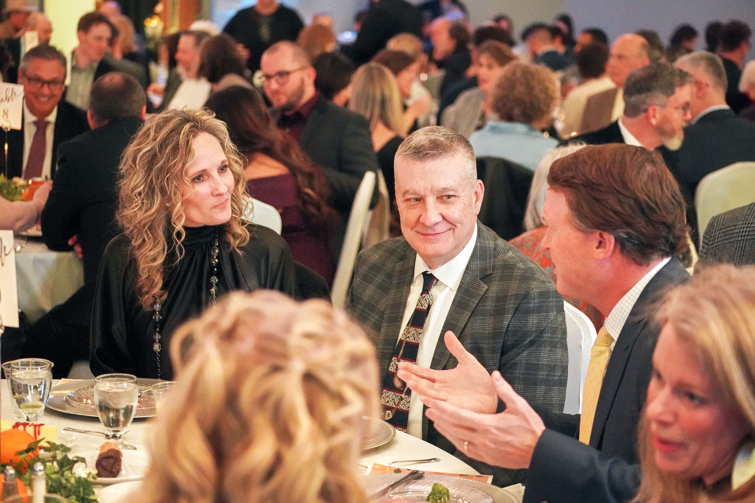 Candid shots of guests socializing at formal dinner event.