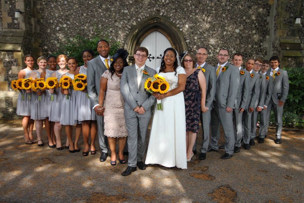Large wedding party posed together outdoors with bridesmaids and groomsmen in coordinated attire.