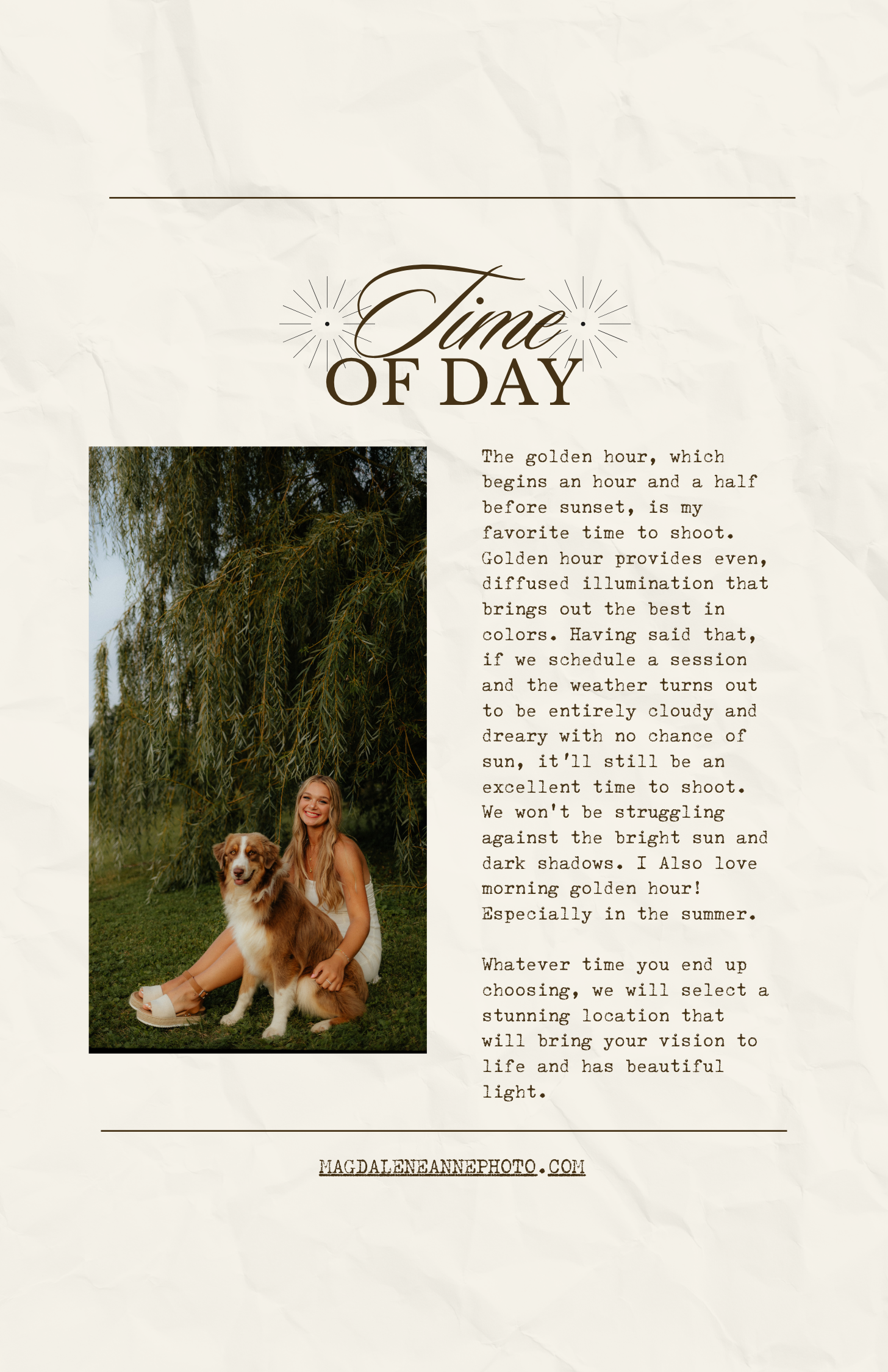 Style guide page with golden hour photos showing what to wear and what not to wear for photoshoots.