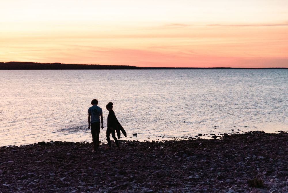Two silhouetted figures and a dog standing on a beach at sunset.