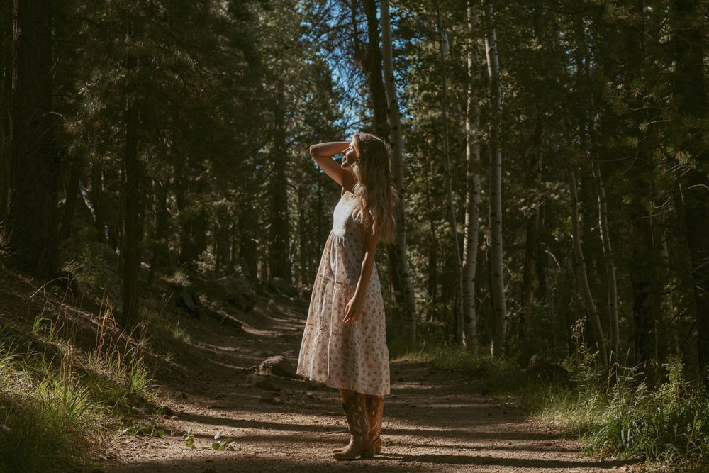 A person in a floral dress stands on a sunlit forest path surrounded by tall pine trees.