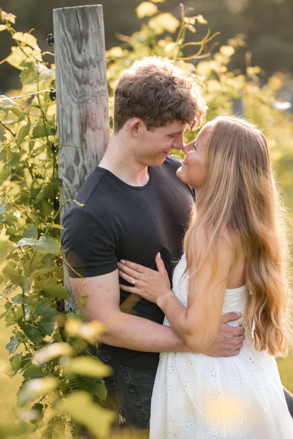 A romantic couple embraces in a sunlit vineyard with golden light filtering through the leaves.