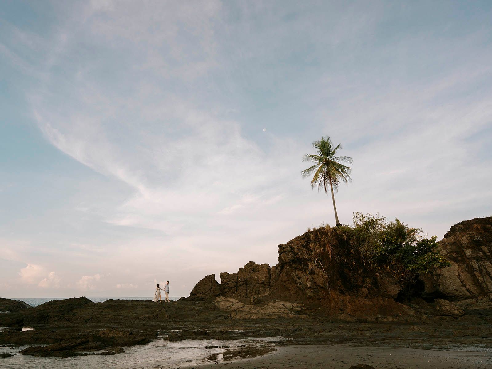 Rocky coastal landscape with palm trees silhouetted against cloudy sky.