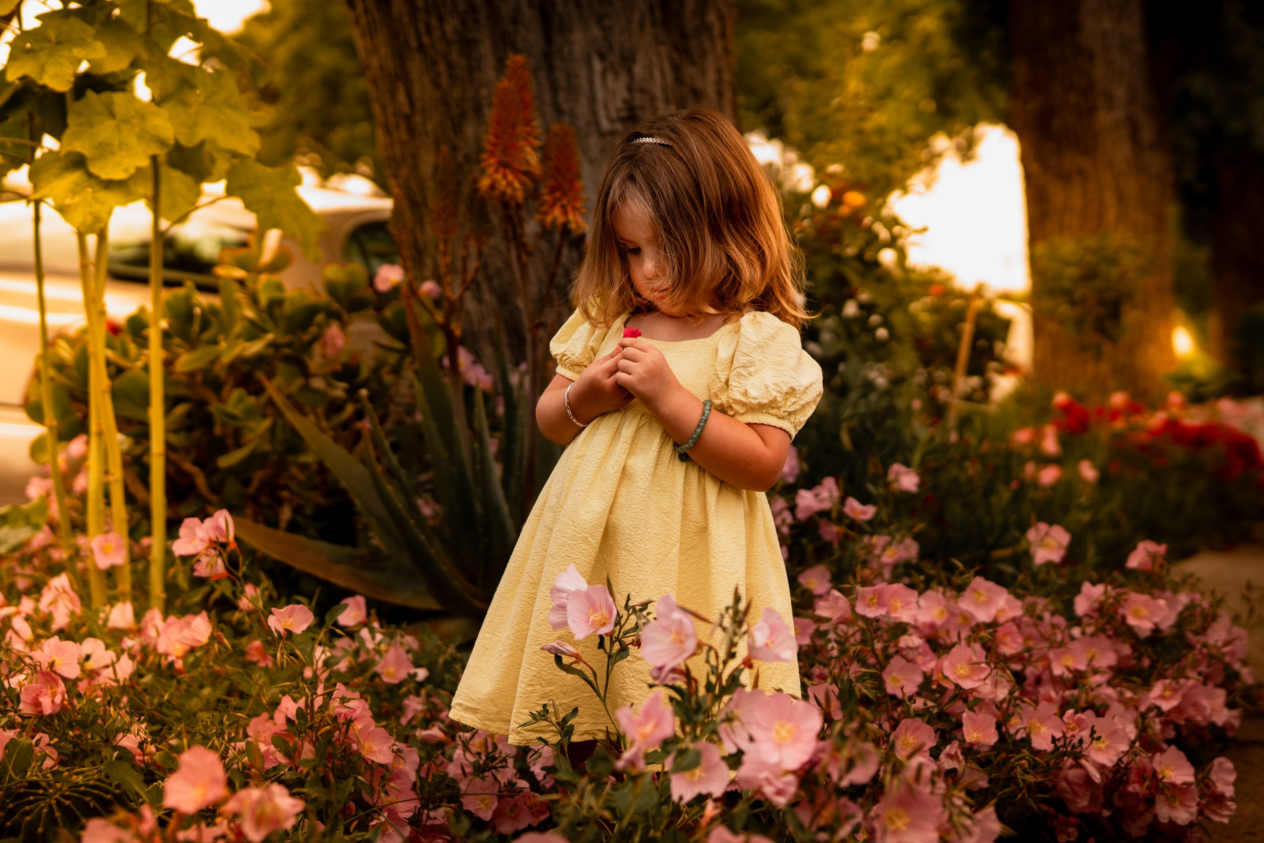 A small child in a yellow dress stands among blooming pink flowers in a dreamy garden at sunset.