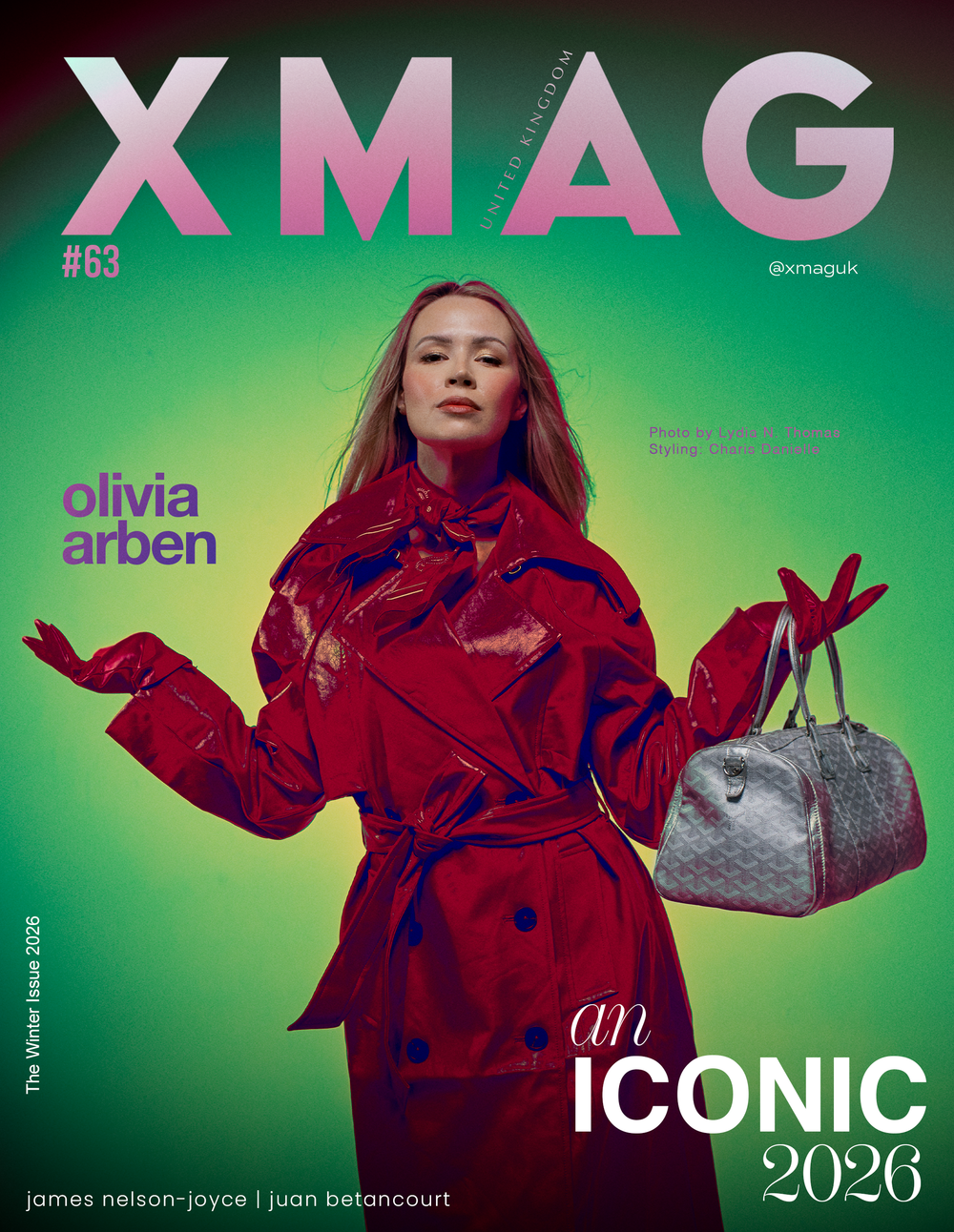 Fashion magazine cover with model in bright red coat against green background holding metallic handbag for XMAG issue.