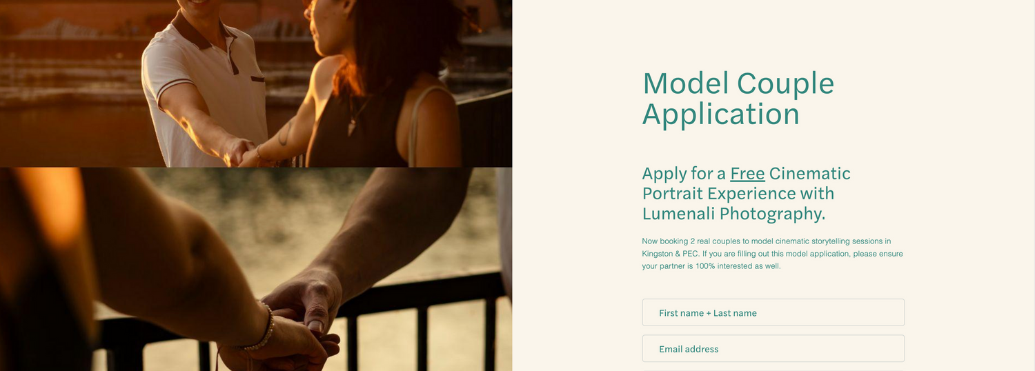 Styled shoot model call sign up for Lumenali Photography, Kingston, Ontario.