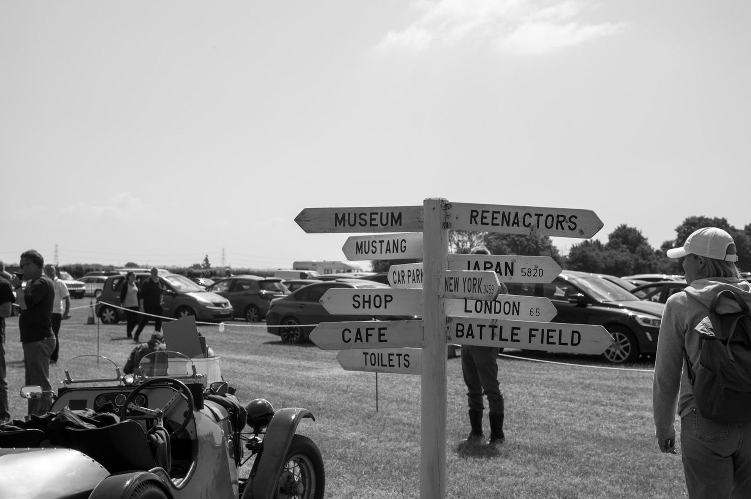 A vintage signpost at an airfield with directional arrows pointing to different destinations in black and white.